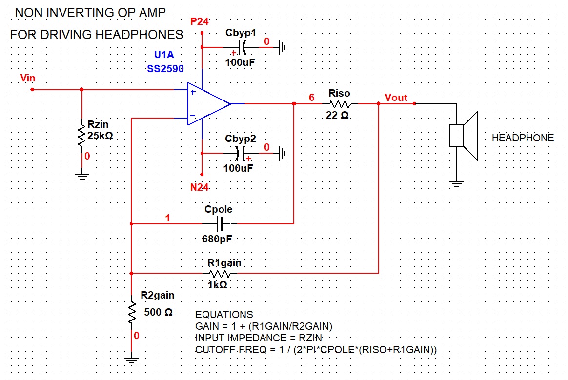 Non inverting op amp for driving headphones